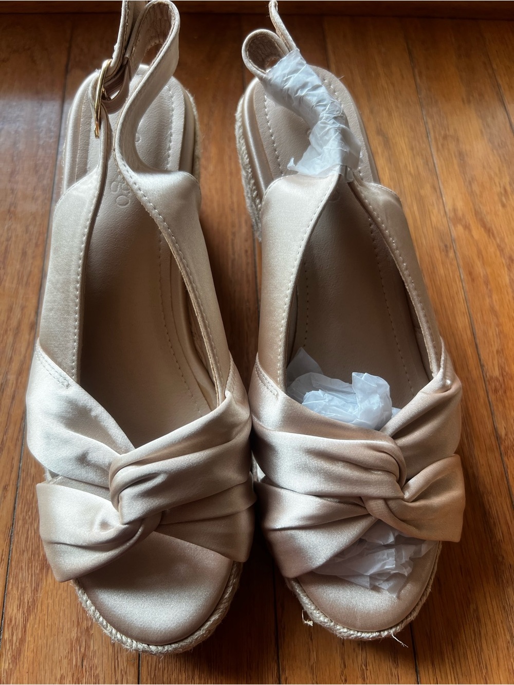 Satin Knot Slingback Espadrille Wedges - Champagne sz 8 New